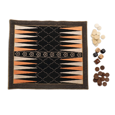 Cotton and wood backgammon set, 'Ganga Star in Taupe' - Canvas Backgammon Set with Embroidery