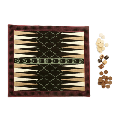 Cotton and wood backgammon set, 'Ganga Star in Mint' - Multicolored Embroidered Backgammon Set