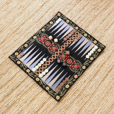 Conjunto de backgammon de algodón y madera. - Conjunto de backgammon con bordado floral.