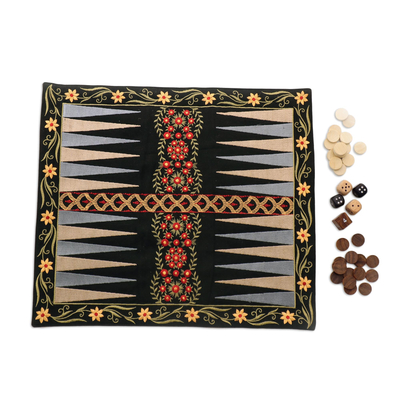 Cotton and wood backgammon set, 'Ganga Garden in Red' - Floral Embroidered Backgammon Set