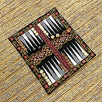 Cotton and wood backgammon set, 'Ganga Garden in Pink' - Canvas Travel Backgammon Set