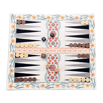 Cotton travel backgammon set, 'Yellow Garden' - Floral Embroidered Travelers Backgammon Game