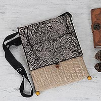 Block-printed cotton and jute sling bag, 'Small Essentials' - Block-Printed Cotton and Jute Sling Bag