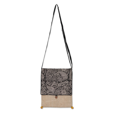 Block-printed cotton and jute sling bag, 'Small Essentials' - Block-Printed Cotton and Jute Sling Bag