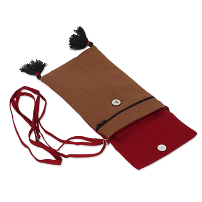 Cotton sling bag, 'Red Light' - Screen-Printed Cotton Cell Phone Sling Bag