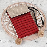 Cotton and jute sling bag, 'Red Stripes' - Screen-Printed Cotton and Jute Cell Phone Sling Bag