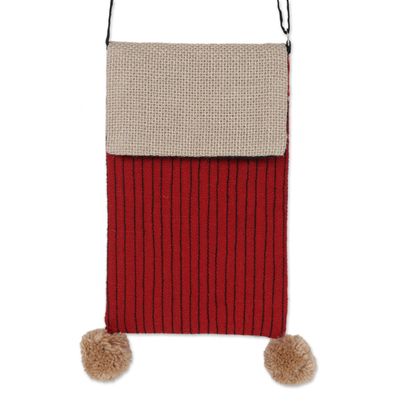 Cotton and jute sling bag, 'Red Stripes' - Screen-Printed Cotton and Jute Cell Phone Sling Bag