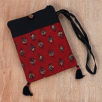 Block-printed cotton sling bag, 'Red Bliss' - Block-Printed Cotton Sling Bag from India