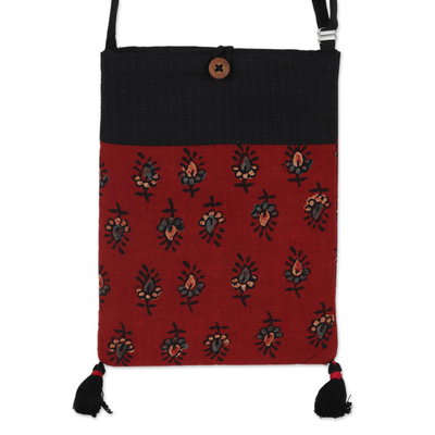 Block-printed cotton sling bag, 'Red Bliss' - Block-Printed Cotton Sling Bag from India