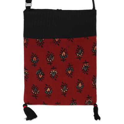 Slingtasche aus Baumwolle mit Blockdruck, 'Red Bliss' - Umhängetasche aus Baumwolle mit Blockdruck aus Indien