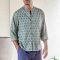 Men's cotton shirt, 'Floral Festivities' - Men's Mandarin-Style Collar Cotton Shirt