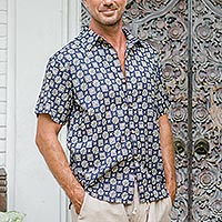 Men's Screen Printed Cotton Shirt,'Floral Labyrinth in Midnight'