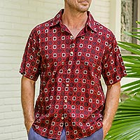 Men's cotton shirt, 'Floral Labyrinth in Red' - Men's Short-Sleeved Cotton Shirt from India