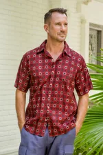 Men's cotton shirt, 'Floral Labyrinth in Red' - Men's Short-Sleeved Cotton Shirt from India