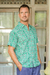 Men's cotton shirt, 'Aqua Lotus' - Men's Button-Up Cotton Shirt from India (image 2b) thumbail
