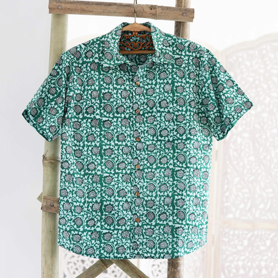 Herren-Baumwollhemd, „Aqua Lotus“ – Herren-Baumwollhemd mit Knöpfen aus Indien