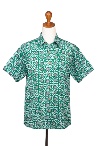 Men's cotton shirt, 'Aqua Lotus' - Men's Button-Up Cotton Shirt from India