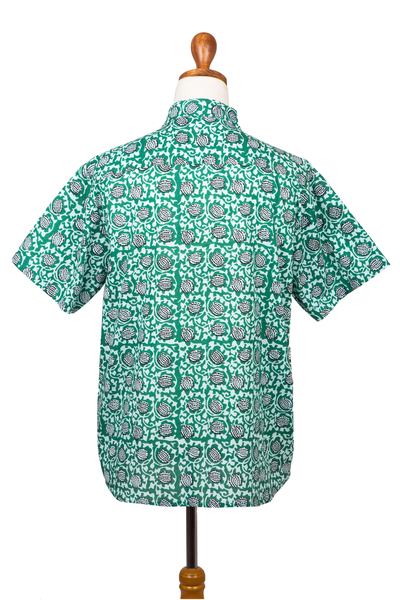 Men's cotton shirt, 'Aqua Lotus' - Men's Button-Up Cotton Shirt from India