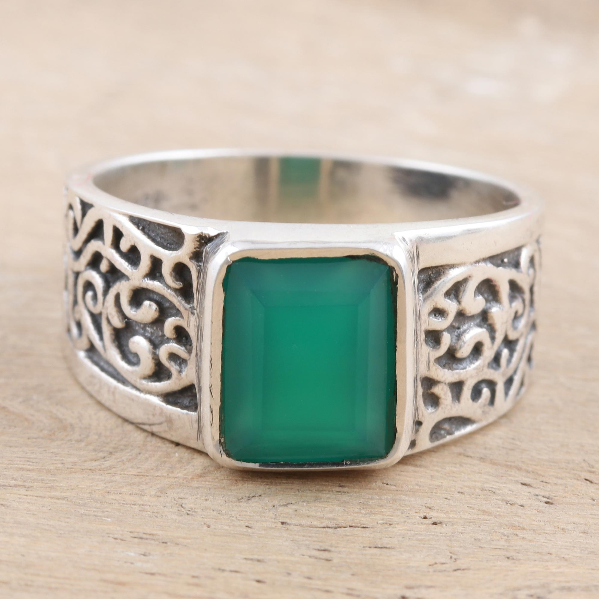 Men's Green Onyx and Sterling Silver Cocktail Ring, 'Green Glisten'