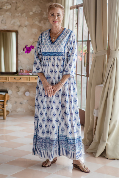 Cotton empire waist dress, 'Fantasy Land' - Cotton Floral-Motif Maxi Dress from India