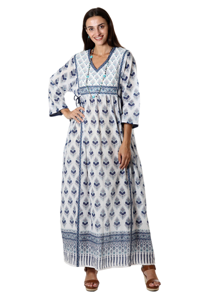 Cotton empire waist dress, 'Fantasy Land' - Cotton Floral-Motif Maxi Dress from India