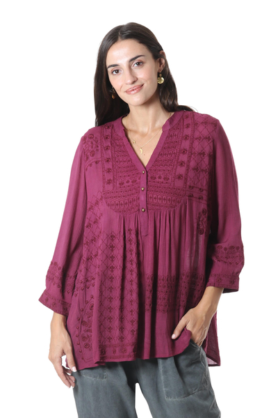 Embroidered tunic, 'Mulberry Tree' - Embroidered Viscose Tunic from India