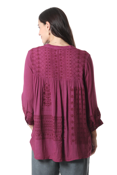 Embroidered tunic, 'Enchanted Garden in Mulberry' - Embroidered Viscose Tunic from India