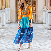 Cotton empire waist maxi dress, 'Goa Spice Garden' - Tie-Dye Bell Sleeve Cotton Dress from India