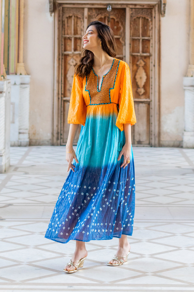 Tie-dye cotton empire waist dress, 'Goa Spice Garden' - Tie-Dye Bell Sleeve Cotton Dress from India