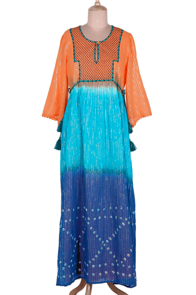 Cotton empire waist maxi dress, 'Goa Spice Garden' - Tie-Dye Bell Sleeve Cotton Dress from India