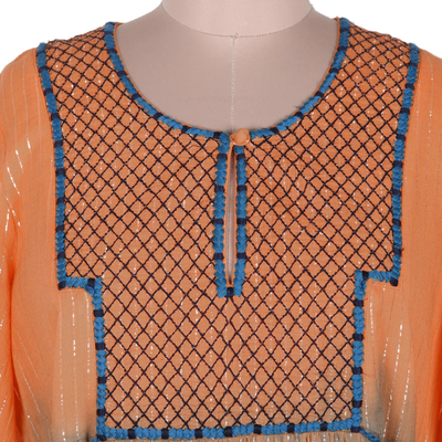 Maxikleid aus Baumwolle mit Empire-Taille - Batikkleid aus Baumwolle mit Glockenärmeln aus Indien