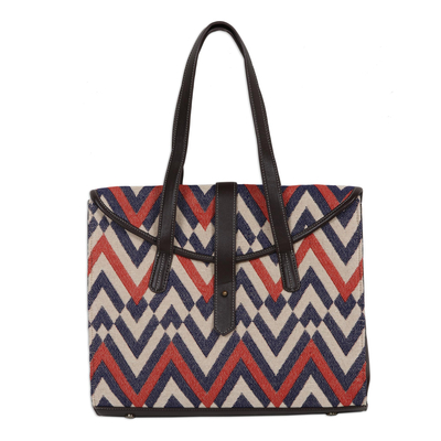 Cotton tote bag, 'Delightful Waves' - Woven Cotton and Leather Tote Bag