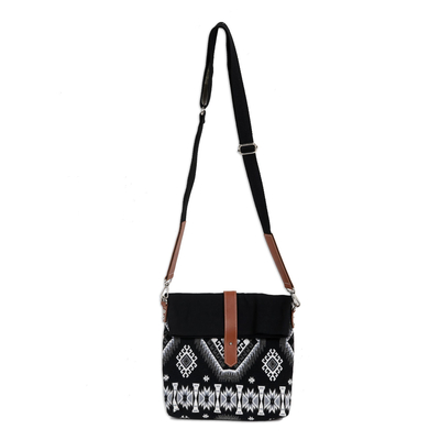 Cotton sling bag, 'Fancy Diamonds' - Woven Cotton and Leather Sling Bag
