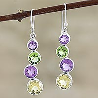 Multi-gemstone dangle earrings, 'Three Friends' - Amethyst and Peridot Dangle Earrings