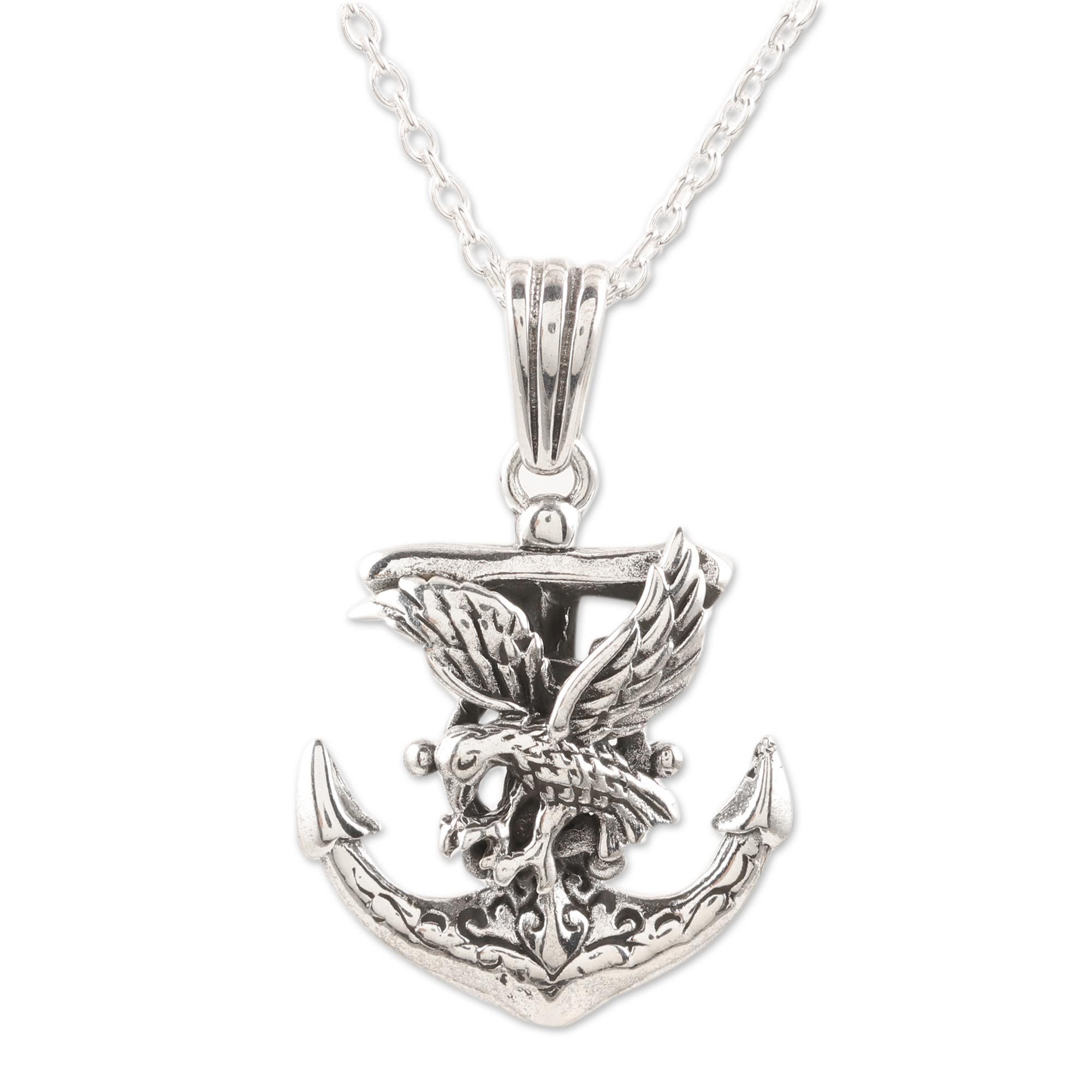 Sterling Silver Eagle and Anchor Pendant Necklace - Swift Eagle | NOVICA
