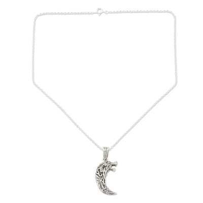 Sterling silver pendant necklace, 'Fire Dragon' - Hand Crafted Sterling Silver Dragon Necklace