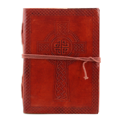 Embossed leather journal, 'Celtic Cross' - Embossed Celtic Cross-Motif Leather Journal