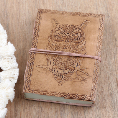 Embossed leather journal, 'Night King' - Embossed Cotton and Leather Owl-Motif Journal