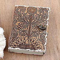 Embossed leather journal, 'Peacock Glory' - Embossed Cotton and Leather Peacock-Motif Journal