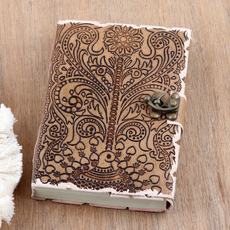 Embossed Cotton and Leather Peacock-Motif Journal, "Peacock Glory"