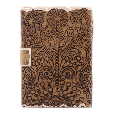 Geprägtes Ledertagebuch – Geprägtes Tagebuch aus Baumwolle und Leder mit Pfauenmotiv