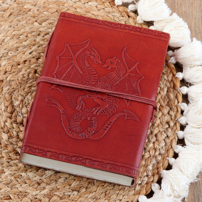 Diario de cuero en relieve, 'Twin Dragons' - Diario con motivos de dragón de cuero y algodón en relieve