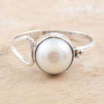 Cultured pearl single stone ring, 'Dreamy Moon' - Handmade Pearl and Sterling Silver Single Stone Ring