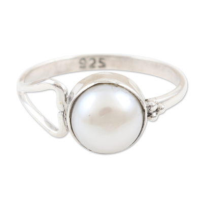 Cultured pearl single stone ring, 'Dreamy Moon' - Handmade Pearl and Sterling Silver Single Stone Ring