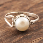 Cultured pearl single stone ring, 'Dreamy Moon' - Handmade Pearl and Sterling Silver Single Stone Ring