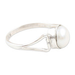 Cultured pearl single stone ring, 'Dreamy Moon' - Handmade Pearl and Sterling Silver Single Stone Ring