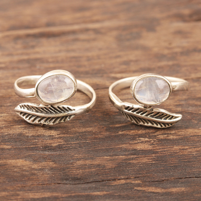 Rainbow moonstone toe rings, 'Misty Leaf' (pair) - Rainbow Moonstone and Sterling Silver Toe Rings (Pair)