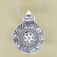 Sterling silver pendant necklace, 'Floral Medallion' - Sterling Silver Floral Pendant Necklace
