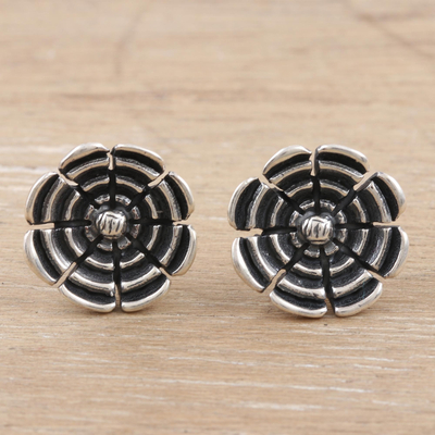 Sterling silver button earrings, 'Antique Beauty' - Sterling Silver Floral Button Earrings