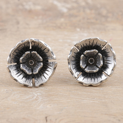 Sterling silver button earrings, 'Pretty Primrose' - Hand Made Sterling Silver Floral Button Earrings